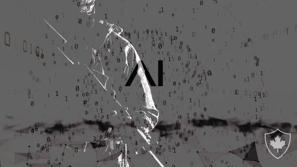 A soldier with AI and 1s and 0s to represent high-tech warfare