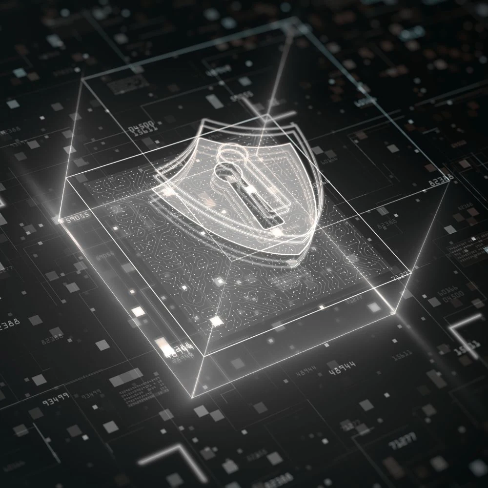 A high-tech looking graphic of a lock graphic